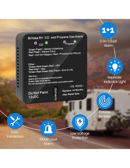 Detector de Monóxido de Carbono y Gas Propano Briidea 12V