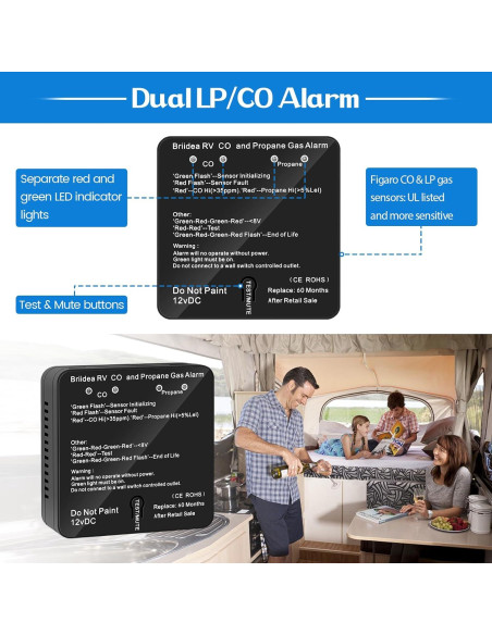 Detector de Monóxido de Carbono y Gas Propano Briidea 12V