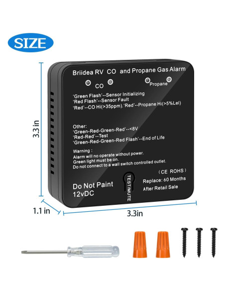 Detector de Monóxido de Carbono y Gas Propano Briidea 12V