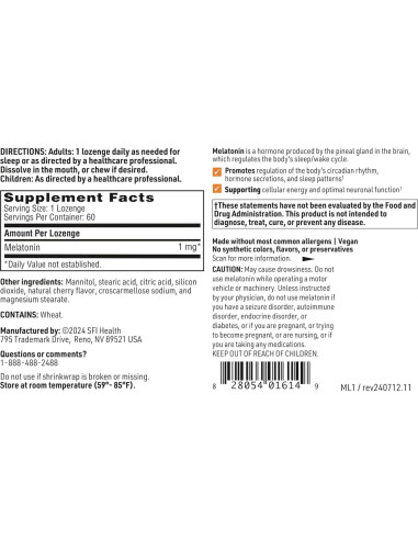 Tabletas de Melatonina 1 mg Klaire Labs - 60 Tabletas Disolubles