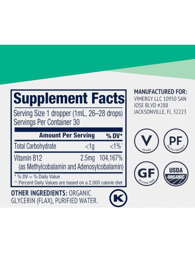 Suplemento Líquido de Vitamina B12 Orgánica Vimergy 30 mL