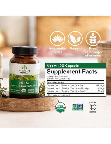 Cápsulas de Neem Orgánico Organic India - 90 Unidades