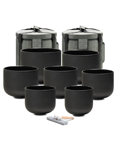 Juego de 7 Cuencos de Cuarzo Negro 432Hz 15-30 cm con Fundas