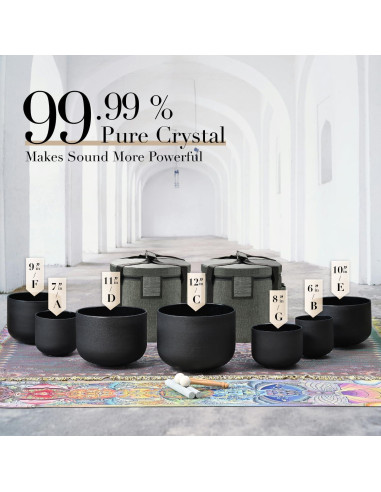 Juego de 7 Cuencos de Cuarzo Negro 432Hz 15-30 cm con Fundas