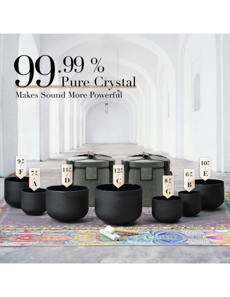 Juego de 7 Cuencos de Cuarzo Negro 432Hz 15-30 cm con Fundas