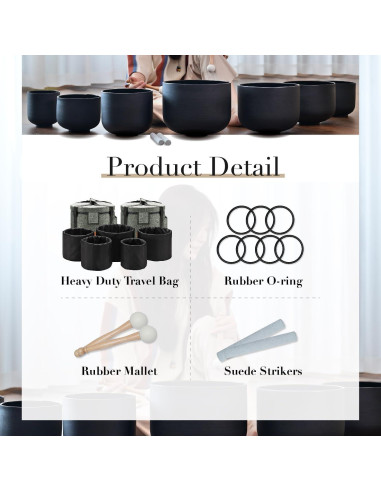 Juego de 7 Cuencos de Cuarzo Negro 432Hz 15-30 cm con Fundas