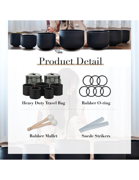 Juego de 7 Cuencos de Cuarzo Negro 432Hz 15-30 cm con Fundas