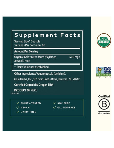 Suplemento de Energía Natural Gaia Herbs Raíz de Maca 60 Cápsulas