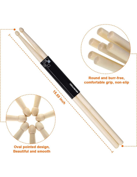 20 Pares de Palillos de Batería Arce 7A Punta Ovalada