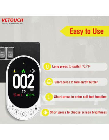 Detector de Monóxido de Carbono Enchufable VETOUCH con Pantalla LCD