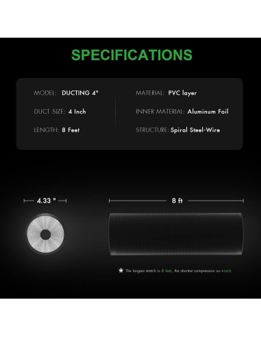 Ventilador de Conducto Inline iPower 4" 195 CFM con Conducto 2.4m