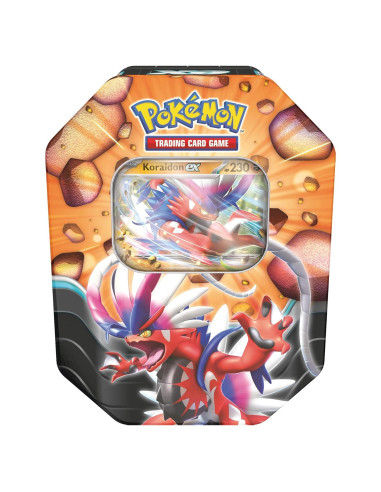 Lata Pokémon TCG Leyendas Cortantes Koraidon ex - 1 Carta Foil + 4 Paquetes