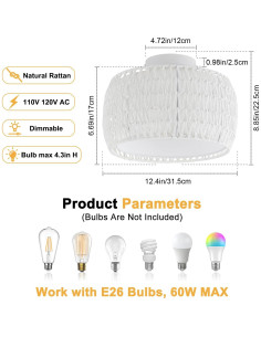 Luz de Techo Flush WILON de Rattan Blanco 1 Luz Dimmable 2