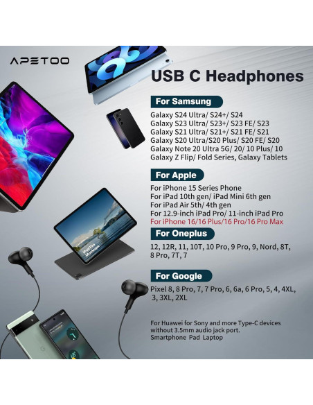 Auriculares USB C APETOO con micrófono y control de volumen Auriculares USB C APETOO con micrófono y control de volumen