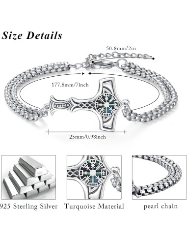 Pulsera Vikinga de Plata 925 Martillo de Thor Vegvisir 17.78 cm