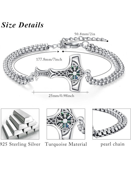 Pulsera Vikinga de Plata 925 Martillo de Thor Vegvisir 17.78 cm Pulsera Vikinga de Plata 925 Martillo de Thor Vegvisir 17.78 cm