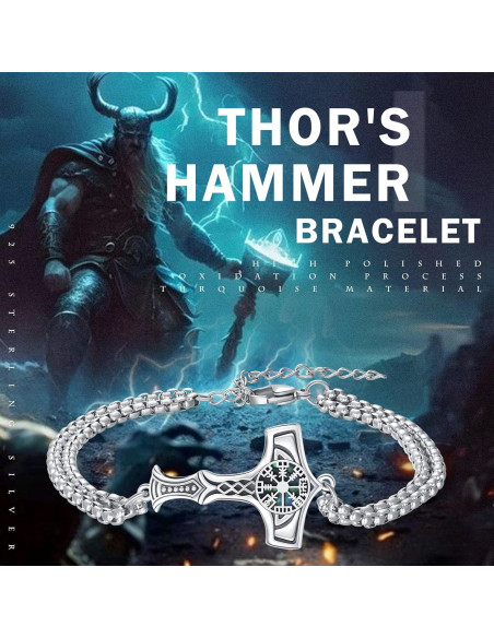 Pulsera Vikinga de Plata 925 Martillo de Thor Vegvisir 17.78 cm Pulsera Vikinga de Plata 925 Martillo de Thor Vegvisir 17.78 cm