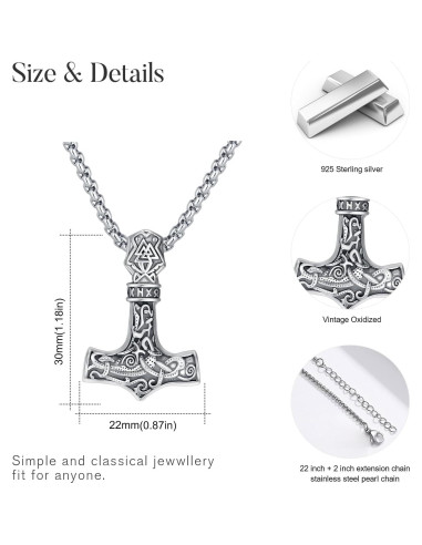 Collar Vikingo de Plata Esterlina 925 con Martillo de Thor