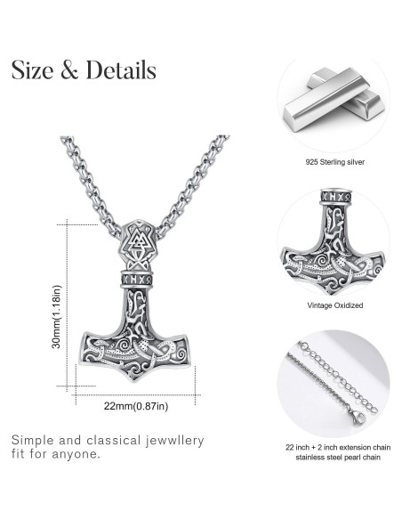 Collar Vikingo de Plata Esterlina 925 con Martillo de Thor