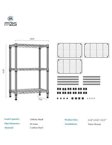 Estantería de metal 3 niveles M MZG cromo 90.2 cm H 60 cm W