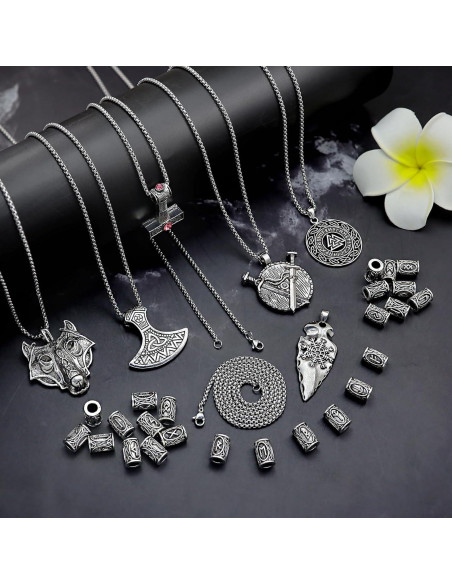 30 Piezas Collar Runas Vikingas Fscwlmon Amuleto Protección 60cm