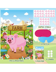 Juego de Fiesta Clavar la Cola Hooqict Cerdo con Póster y Pegatinas 2