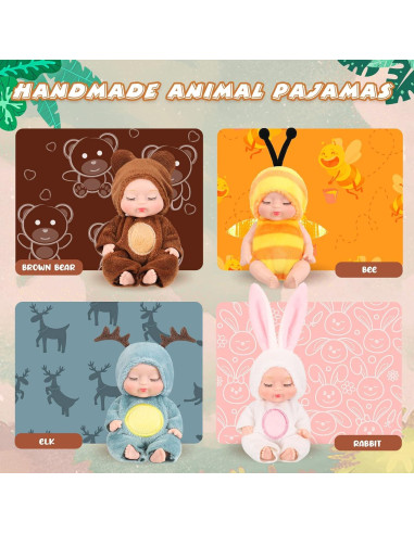 Mini Muñecas Bebé Realistas Hanaive 4 Pcs 10.16 cm Ropa Animales