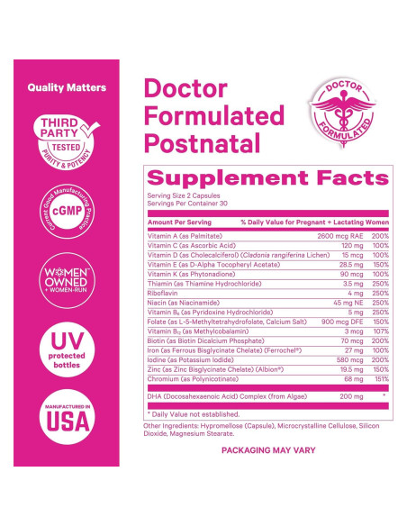 Vitaminas Postnatales Pink Stork 60 Cápsulas con DHA y Hierro