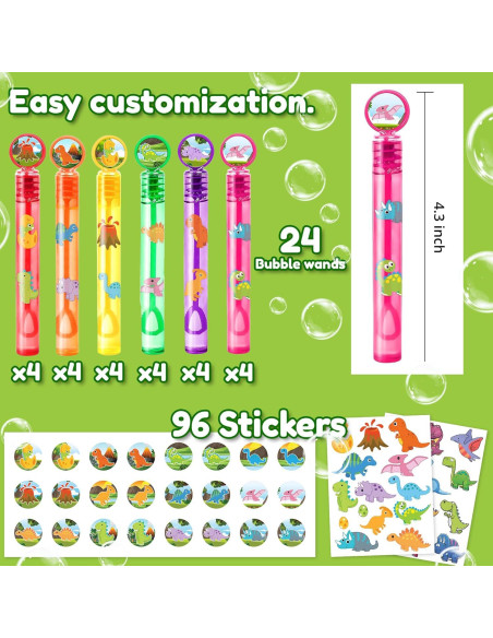 24 Varitas de Burbuja Dinosaurio + 96 Stickers Fiesta