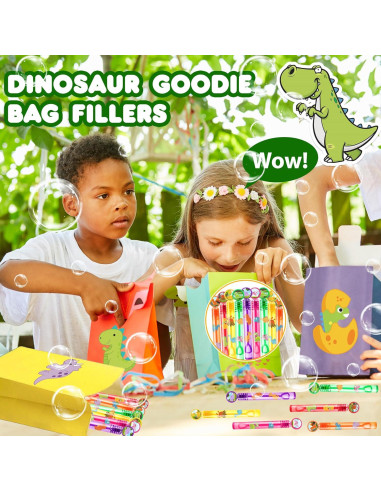 24 Varitas de Burbuja Dinosaurio + 96 Stickers Fiesta