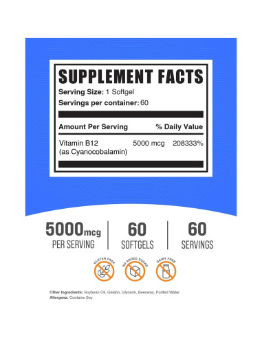 BulkSupplements Vitamina B12 5000 mcg Softgels - Energía y Bienestar