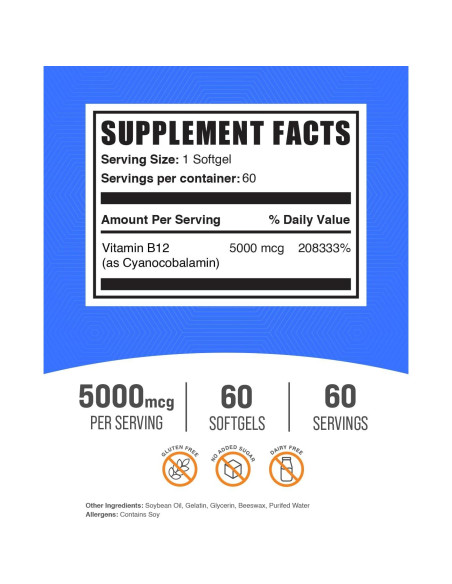 BulkSupplements Vitamina B12 5000 mcg Softgels - Energía y Bienestar
