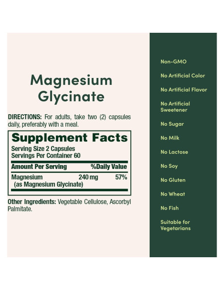 Magnesio Glicinato Nature's Bounty 240 mg 120 Cápsulas Vegetales
