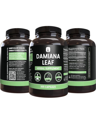 Cápsulas de Hoja de Damiana 365 Unidades Ingredientes Originales Puros