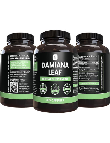 Cápsulas de Hoja de Damiana 365 Unidades Ingredientes Originales Puros