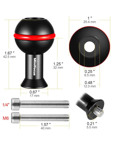 Adaptador de bola MINIFOCUS 1" con tornillos M6 y 1/4"-20