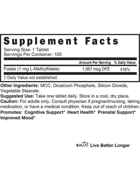 Suplemento de Folato Metilado Nutri 5-MTHF 1MG - 120 Tabletas Veganas