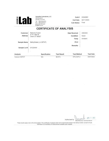 Suplemento de Folato Metilado Nutri 5-MTHF 1MG - 120 Tabletas Veganas