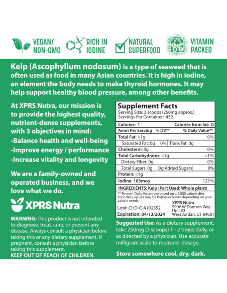 Polvo de Kelp Orgánico XPRS Nutra 113.4 g - Suplemento Vegano