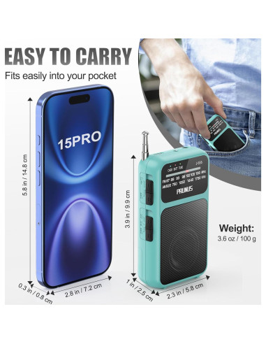 Radio de Bolsillo PRUNUS J-555 AM FM Carga USB-C y Batería