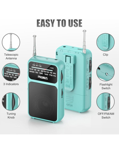 Radio de Bolsillo PRUNUS J-555 AM FM Carga USB-C y Batería