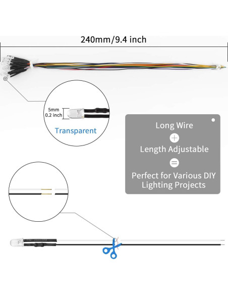 DiCUNO 100 Diodos LED Pre Cableados 12V 5MM 10 Colores