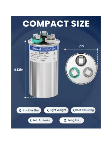 Capacitor CBB65B 45/7.5uF 370/440V Sikawai para Aire Acondicionado