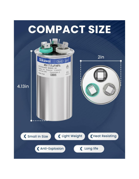 Capacitor CBB65B 45/7.5uF 370/440V Sikawai para Aire Acondicionado