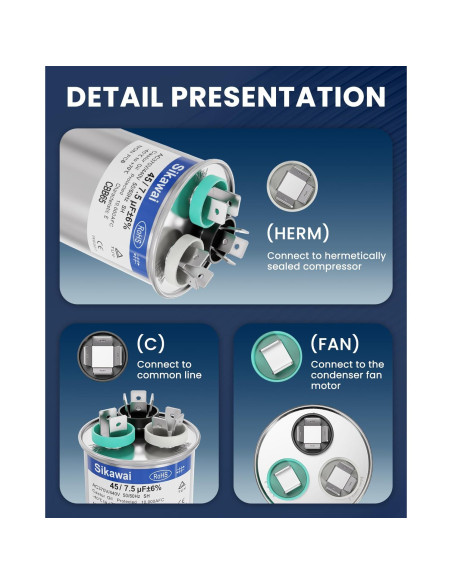 Capacitor CBB65B 45/7.5uF 370/440V Sikawai para Aire Acondicionado