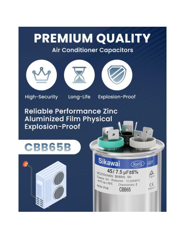Capacitor CBB65B 45/7.5uF 370/440V Sikawai para Aire Acondicionado