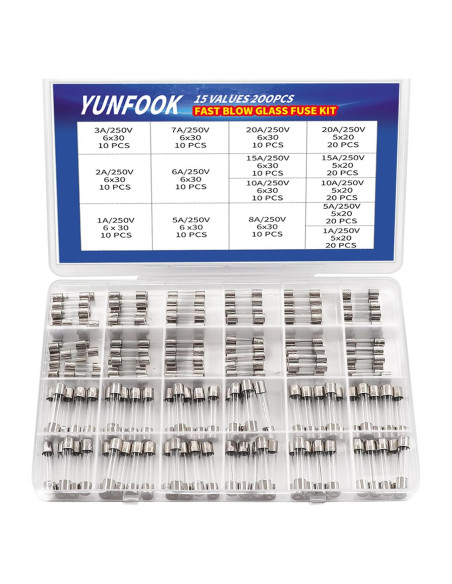 Kit de Fusibles de Vidrio YUNFOOK 200 Piezas 1A-20A 250V Kit de Fusibles de Vidrio YUNFOOK 200 Piezas 1A-20A 250V