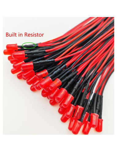 50 Luces LED Rojas 5mm Gebildet 12VDC Preconectadas