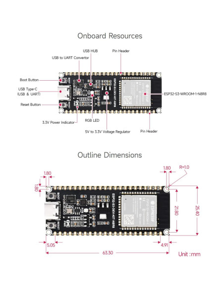 Placa de Desarrollo Waveshare ESP32-S3 2.4GHz Wi-Fi USB-C Placa de Desarrollo Waveshare ESP32-S3 2.4GHz Wi-Fi USB-C