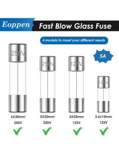 Kit de Fusibles de Vidrio 5A Eoppen 40 Pcs 3.6x10mm 5x20mm 6x30mm 2